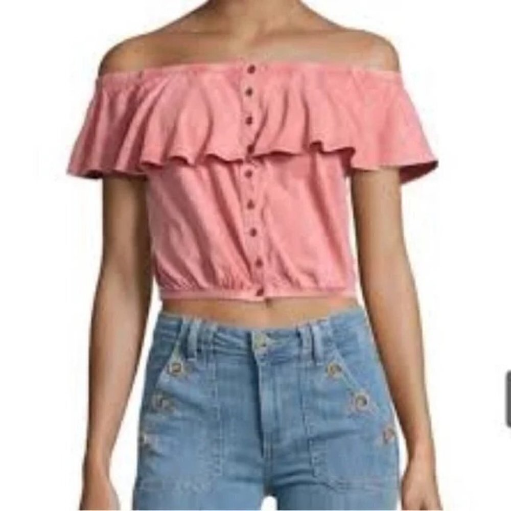 FREE PEOPLE We the Free Love Letter Off the Shoulder Coral Ruffle Top